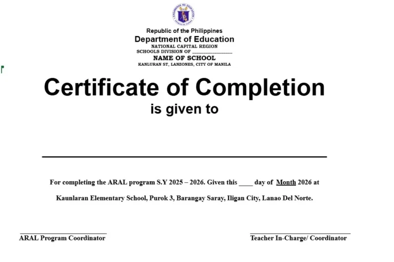 Aral program certificate of Completion template